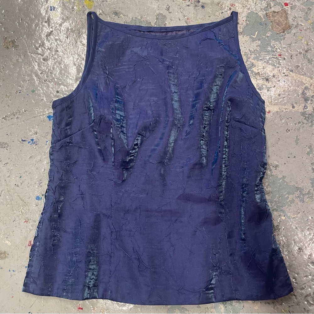 Blue Purple Iridescent Crinkle Boat Neck Tank Top – Y2K Metallic Sleeveless